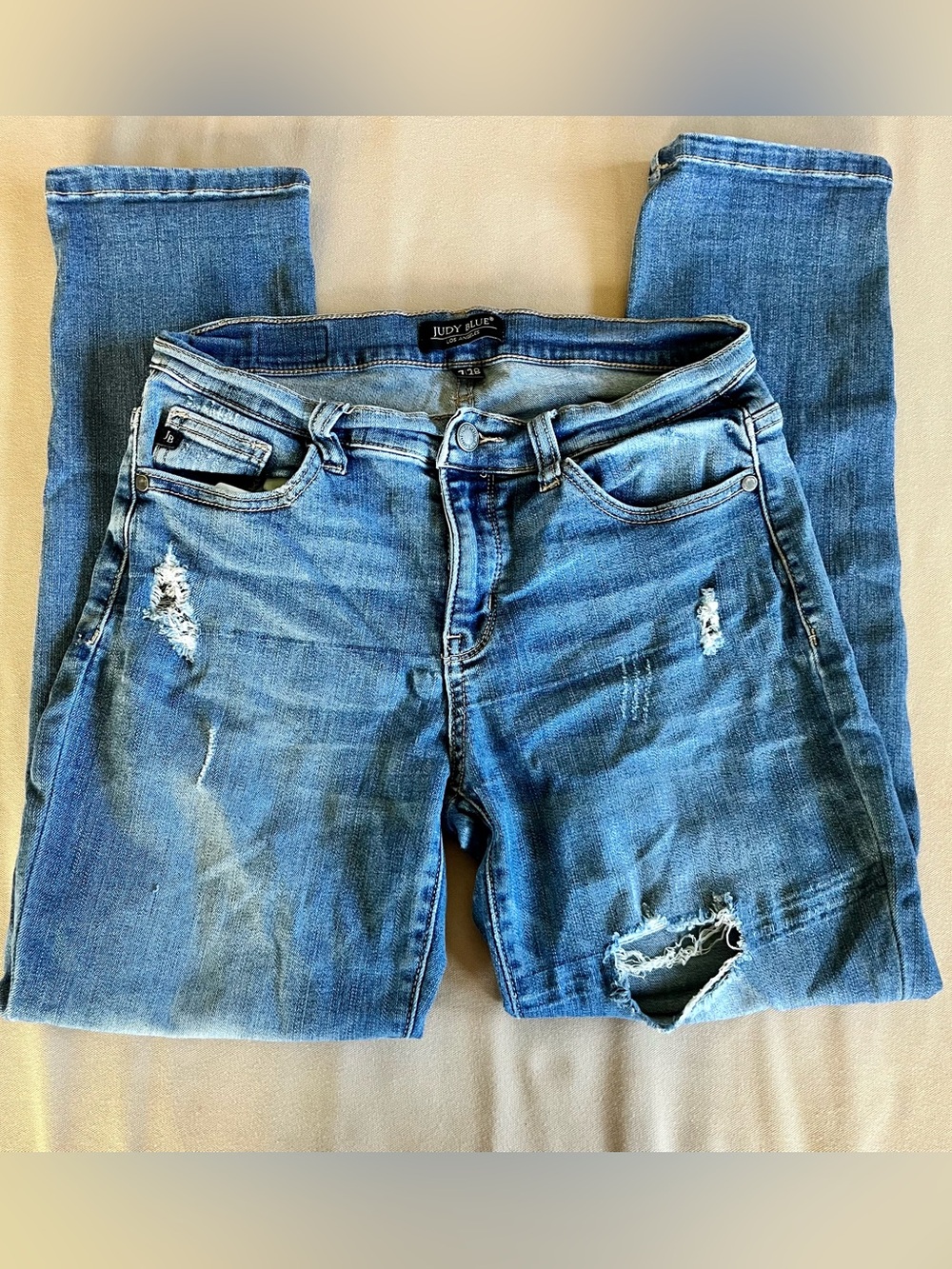 Judy Blue Women's Distressed Straight Leg Jeans - Medium Blue | Size 7/28